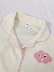 2pcs Fashionable Cloud Pattern Cardigan Pajama Set, Long Sleeve Top And Pants, Loungewear - Apricot - View 4