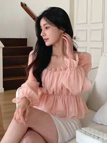 DAZY 女士方领宽松长袖网纱上衣 情人节 - 粉色 - 查看 4