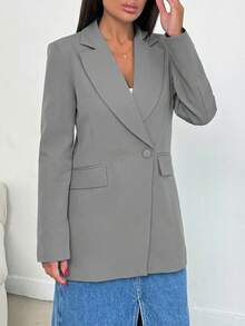 EURMUSE Blazer feminino casual/de trabalho de cor sólida com gola lapela e mangas compridas. - Cinza - Ver 9