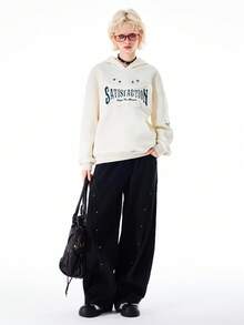 Bloopia 女士休闲时尚街头风字母星形刺绣恶魔角设计连帽保暖卫衣，秋冬款 - 白色 - 查看 3