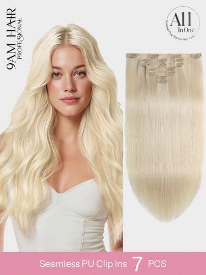 9AM Hair 7pcs 130g/150g 60# Platinum Blonde Full Head Seamless PU Double Weft Clip Ins Real Human Hair Extensions