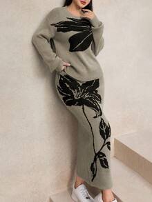 Modelyn 女士宽松圆领长袖针织提花花卉两件套 - 淺灰色 - 查看 3