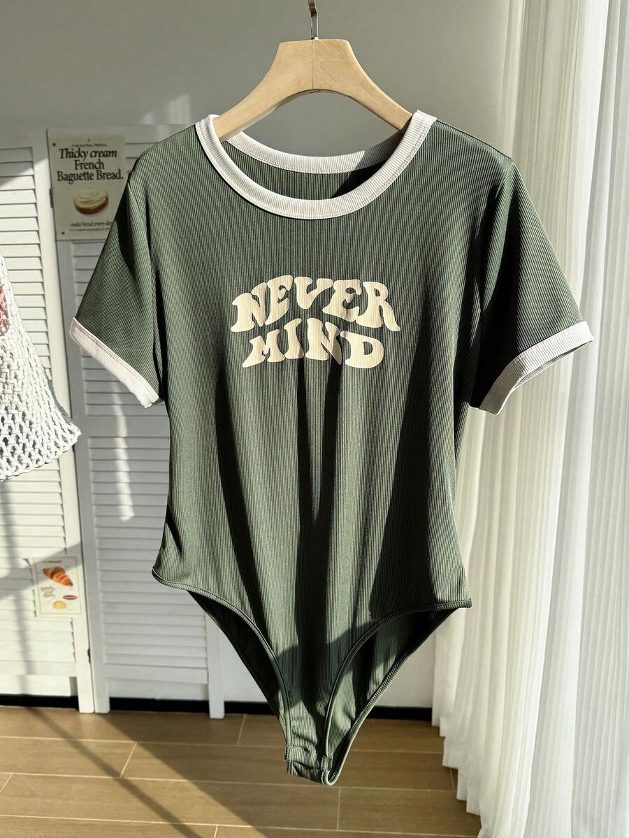 Comfortcana 夏季标语图案撞色绑带紧身衣