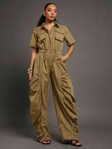 Vixey Bộ đồ liền thân dệt ống rộng có dây rút eo nhún bèo - Màu Khaki - Xem 2