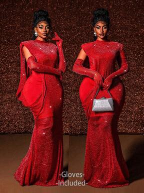 Maweii Robe longue moulante taille cintrée grande taille, col montant, manches asymétriques