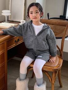 DAZY Young Girl' Hooded Solid Color Knitted Sweater And Knitted Shorts Set - Grey - View 8