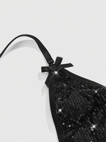 ROMWE Grunge Punk Dark Punk Music Festival Sequin Bow Skull Pendant Triangle Bralette - Black - View 4