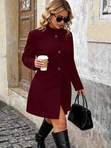SHEIN Tall CURVE Plus Size Women Mandarin Collar Fashionable Commuter Jacket - Burgundy - View 1