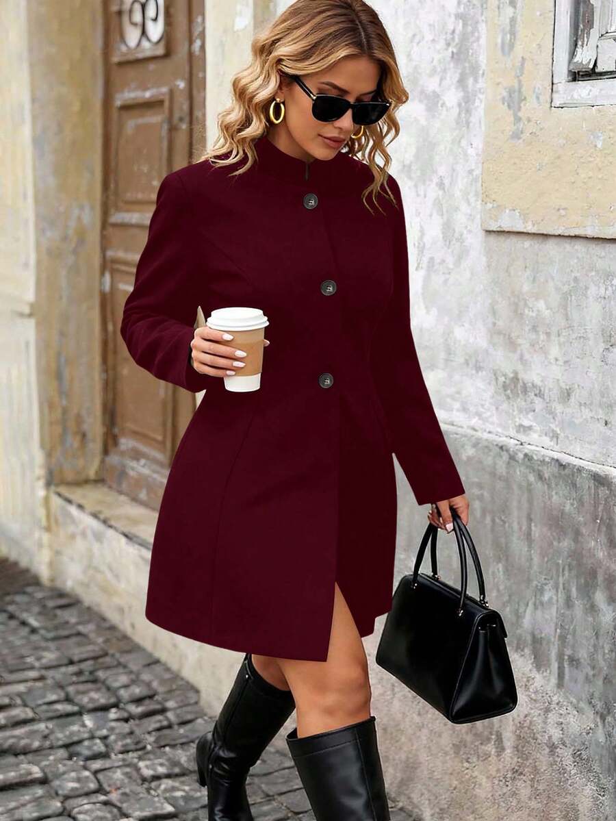 SHEIN Tall CURVE Plus Size Women Mandarin Collar Fashionable Commuter Jacket - Burgundy - View 1
