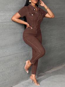 SHEIN Essnce Women's Solid Color Casual Short Sleeve Denim Jumpsuit - Coffee Brown - View 6