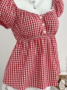 Elamini 女士粉色花卉印花方领荷叶边短袖衬衫，度假风，乡村风