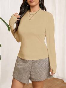 SHEIN Frenchy Kaos Lengan Panjang Kerah Bulat Warna Polos Klasik, Kaos Dasar Hitam - Aprikot - View 3