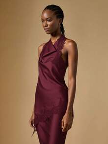 Briarwyn 女士深V领撞色蕾丝露背性感时尚吊带上衣 - 酒紅色 - 查看 4