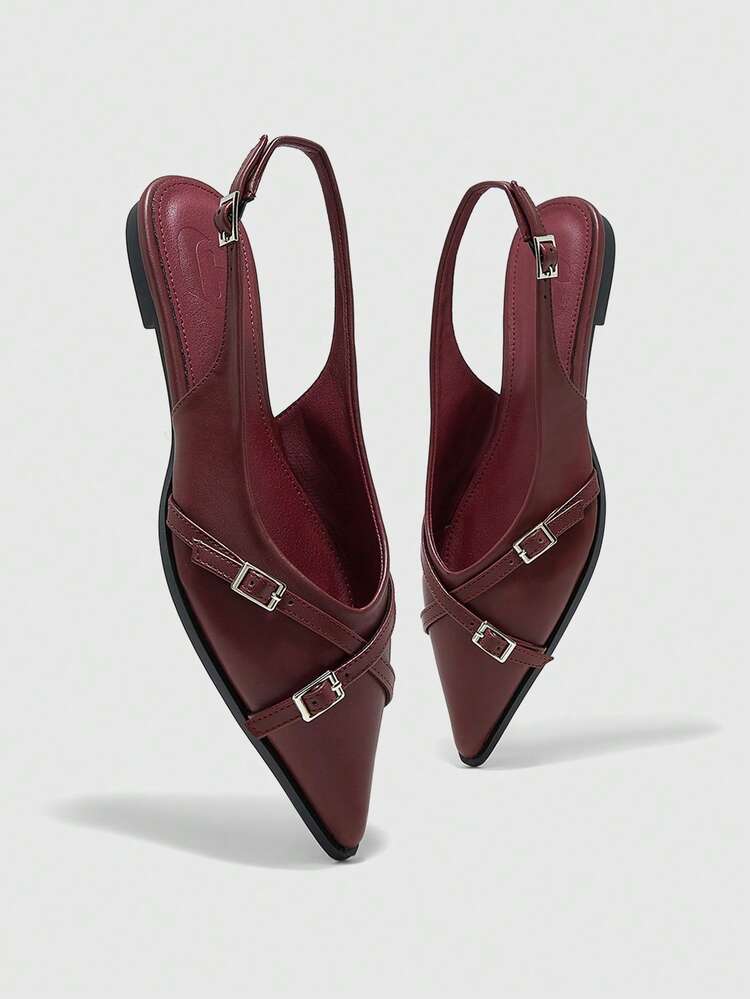 CUCCOO BIZCHIC 女性用 尖った先端 フラット バーガンディー バックストラップ クリスクロス 快適 ミニマリスト スリングバック フラットシューズ、通勤や仕事に幅広く使えます
