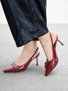 CUCCOO BIZCHIC 尖头细高跟酒红色后跟多带时尚通勤百搭女士高跟穆勒鞋 - 酒紅色 - 查看 4