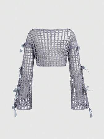 Cubre de manga larga hecho a mano a ganchillo con diseño calado, top de malla tejida con decoración de mariposa en estilo Fairycore y corte sexy