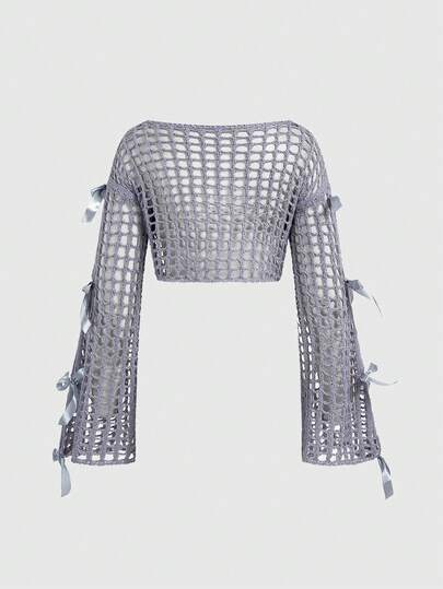 Couvre-chef en crochet gris fait main ajouré à manches longues, top court en maille sexy style Fairycore avec décoration papillon