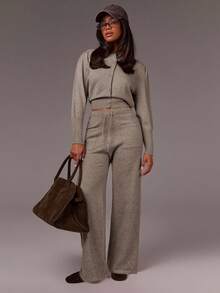 Athîral 女士立领单排扣短袖针织开衫搭配抽绳腰阔腿裤，秋冬时尚套装 - 卡其色 - 查看 1