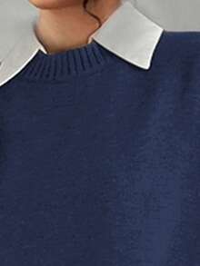 Elenzga Plus Size Women Solid Color Round Neck Casual Knitted Sweater Dress, Autumn/Winter - Blue - View 3
