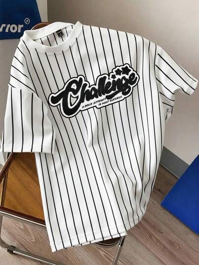 Manfinity Joysei Standard Size Men's Classic Striped Fitted Short Sleeve T-Shirt, 3D Fuzzy Embroidered Design