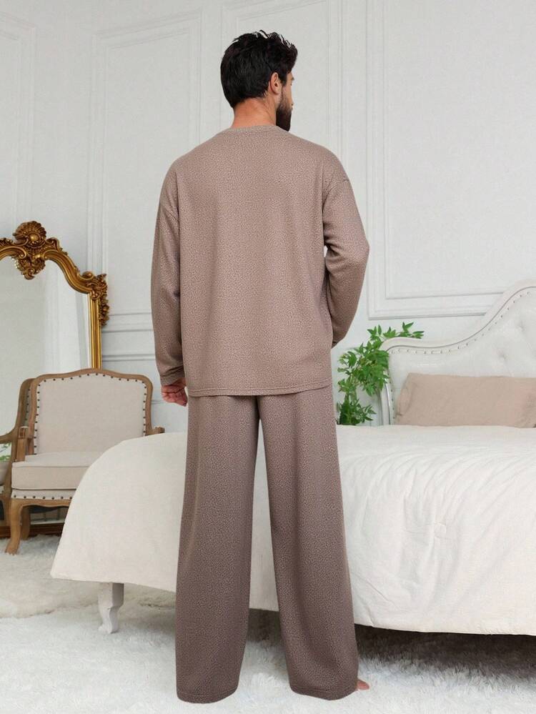 Men's V-Neck T-Shirt And Elastic Waist Pants Casual Loungewear Set, Brown, Spring/Autumn