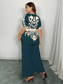 SHEIN Clasi 夏季时尚休闲度假V领蝴蝶结腰带两件套 - 水鴨藍 - 查看 2