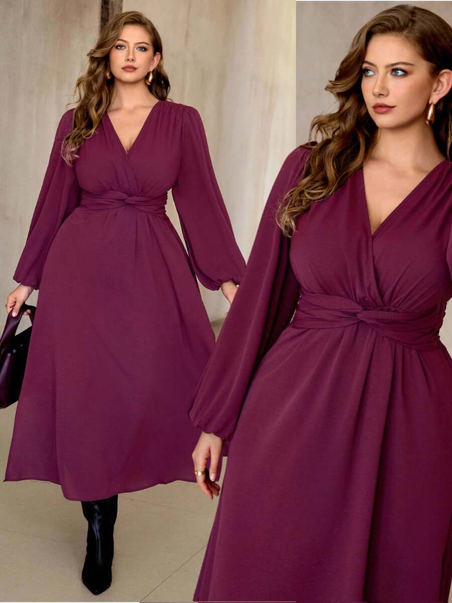 Roveilla Vestido maxi de manga larga con abertura lateral, talle alto con pliegues y ajuste en la cintura, estilo cruzado, elegante y vintage, apropiado para oficina, casual, fiesta, Halloween, Navidad, Acción de Gracias, tarde de té, Año Nuevo, para mujer de talla grande, color rojo Angola