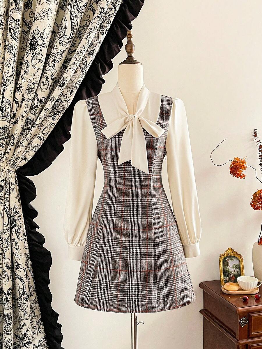 Vintamour Váy nữ cổ điển thanh lịch, thu/đông, váy cổ loe ôm sát, váy 2 trong 1, váy kẻ caro, váy dài tay - Đen và trắng - Xem 1