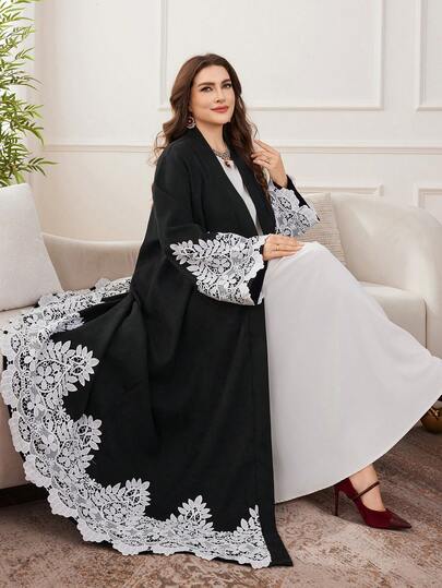 Al Najma Plus Size Casual Solid Color Lace Trim Loose Long Sleeve Abaya, Suitable For Spring And Autumn