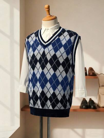 Manfinity Homme 男士秋冬时尚菱形针织背心 男士毛衣背心 男士正装背心 无袖毛衣 男士宝蓝色背心 男士V领毛衣背心 男士菱格纹背心 男士针织上衣 针织衫 蓝白针织衫 男士毛衣背心 男士毛衣背心 男士毛衣背心 男士针织衫 男士V领正装针织衫