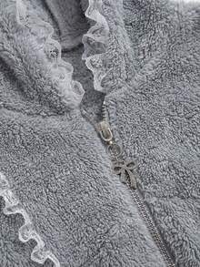 ROMWE Kawaii 秋冬季可爱蕾丝毛绒拼接兔耳连帽衫和蓬松短裤两件套女装 - 淺灰色 - 查看 4