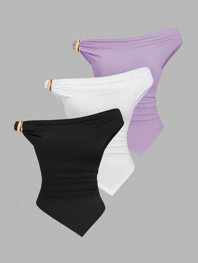 Sweetra Conjunto de 3 piezas de moda europea y americana para mujer en unicolor, con decoración metálica, dobladillo retorcido y dobladillo asimétrico, camiseta casual y versátil para uso diario