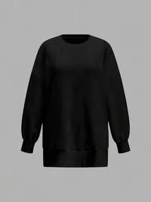 EMERY ROSE Plus Size Solid Color Round Neck Casual Versatile Long Sleeve Sweatshirt Thanksgiving Women New Years Women Rave, Spring - Black - View 7
