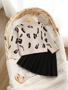 Baby Girl Leopard Print Bow Decor Round Neck Cardigan + Pleated Skirt 2-Piece Set, Suitable For Autumn/Winter Baby Set Autumn Winter Season Baby Girl Sweaters Set Baby Girl School Clothes Animal Print Clothes Toddler Leopard Print Baby Clothes Animal Print Toddler Clothes Baby Girl Outfit Autumn Baby Girl Winter Clothes - Multicolor - View 2