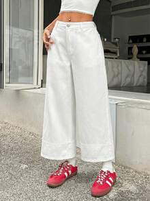 SHEIN PETITE 女士休闲低腰直筒七分牛仔裤 - 白色 - 查看 8