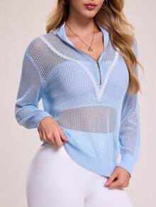 Women's Solid Color Long Sleeve Zipper Half Placket Hooded Sweater - Baby Blue - View 4