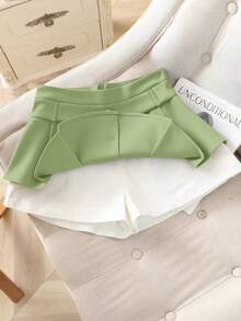Chiquease New Summer High Waist Slimming Contrast Color Button A-Line Shorts - Green - View 4