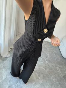 SHEIN Elenzya 优雅翻领黑白条纹金属纽扣装饰马甲外套+黑白条纹西装裤两件套女装 - 黑色 - 查看 3