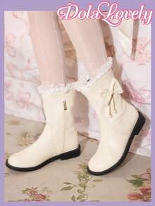 Dola Lovely 简约纯色蝴蝶结装饰侧拉链女士中筒靴 - 白色 - 查看 1
