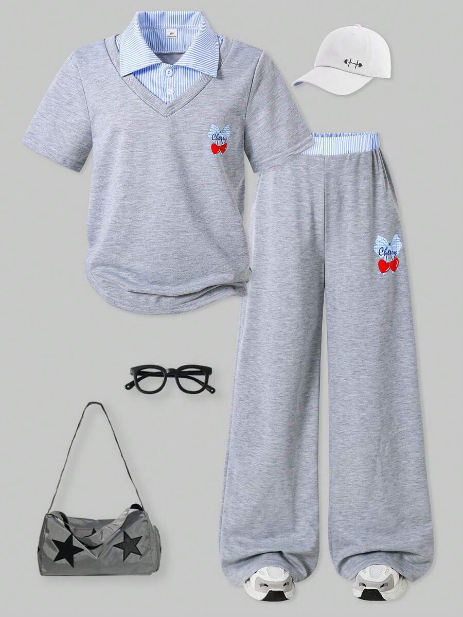 2pcs Tween Girl Casual Outfit Set: Short Sleeve T-Shirt With Knit Fabric, Gray Tee Patchwork With Blue Striped Shirt Collar And Cute Bow Cherry Pattern, Paired With Comfortable Loose Straight Leg Pants, Suitable For School And Daily Wear, Spring/Summer - Grey - View 1