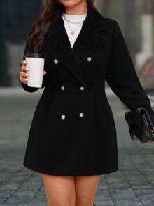 EMERY ROSE Plus Size Women Long Sleeve Double-Breasted Cinched Waist Coat With Faux Fur Collar - Black - View 5