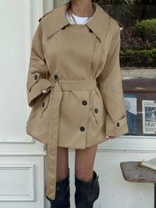 Muchica Women's Fashionable & Elegant Double-Breasted Belted Trench Coat French Style Clothes Women Trench Coat Trench Coat Women In Fall/Winter - Khaki - View 8