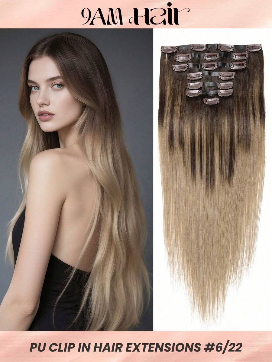 Seamless Clip Ins Tóc nối kẹp liền mạch bằng tóc thật, sợi ngang da PU vô hình, tóc nối kẹp Balayage màu nâu sô cô la sang màu vàng hoe bẩn, 7 chiếc - S6/22 - Xem 1