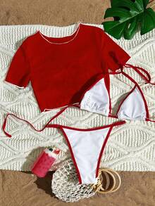 Swim Mod 3件套女士冲浪套装，樱桃字母印花吊带比基尼，薄纱网眼罩衫圆领短袖T恤，针织泳衣