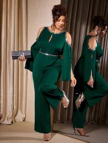 Elenzga Plus Size Women Elegant Shoulder Hollow Out Beaded Strap Jumpsuit