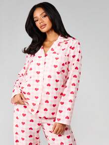 MISSGUIDED 心形印花缎面睡衣套装，纽扣长袖上衣搭配同款长裤，家居服 - 彩色 - 查看 5