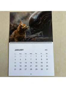 异形主题猫咪日历 - 官方异形设计 - 2026年1月至12月月度计划本 - 科幻迷必备桌面/墙挂式日历，家居/办公装饰佳品 - 送给异形电影爱好者的完美礼物，家居装饰，独特艺术品，螺旋装订，主题日程本，办公人士的理想之选 - 彩色 - 查看 3
