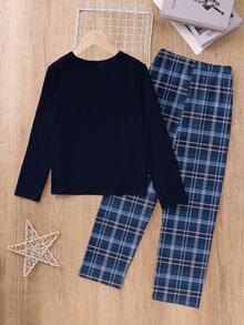 Teen Boys Pajamas-2 Piece Pajama Set Navy Top With Plaid Pocket Round Neck Long Sleeve Matching Plaid Long Pants Four Seasons Home Sleep Lounge Classic Check Pattern Comfortable Easy Care 2026 New Year