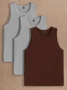 Manfinity VCAY 3 Pack Men's Round Neck Casual Loose Fit Tank Top,Summer Gym Sleeveless Shirts Set,Basic Light Brown Solid Soft Undershirt,Beach Holiday Muscle Tee - Multicolor - View 5