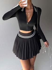 Dewbera 女士拉链领条纹长袖上衣和百褶裙高尔夫运动服